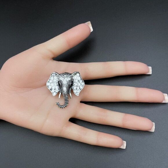 Silver with White Diamond and Black Onyx Crystal Elephant Pin Back Brooch - Picture 9 of 9
